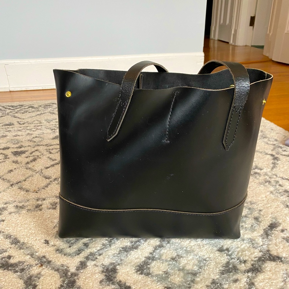 Large black leather tote from J. Crew…inside pocket and tie closure…EUC!!